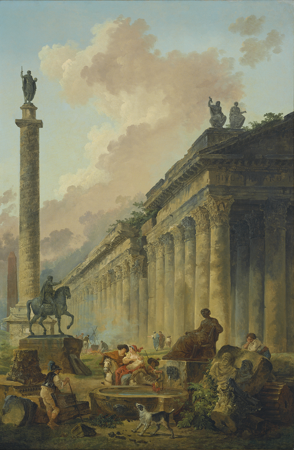 写真：マルクス・アウレリウス騎馬像、トラヤヌス記念柱、神殿の見える空想のローマ景観