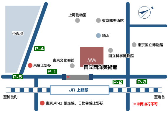 上野公園周辺有料駐車場の地図